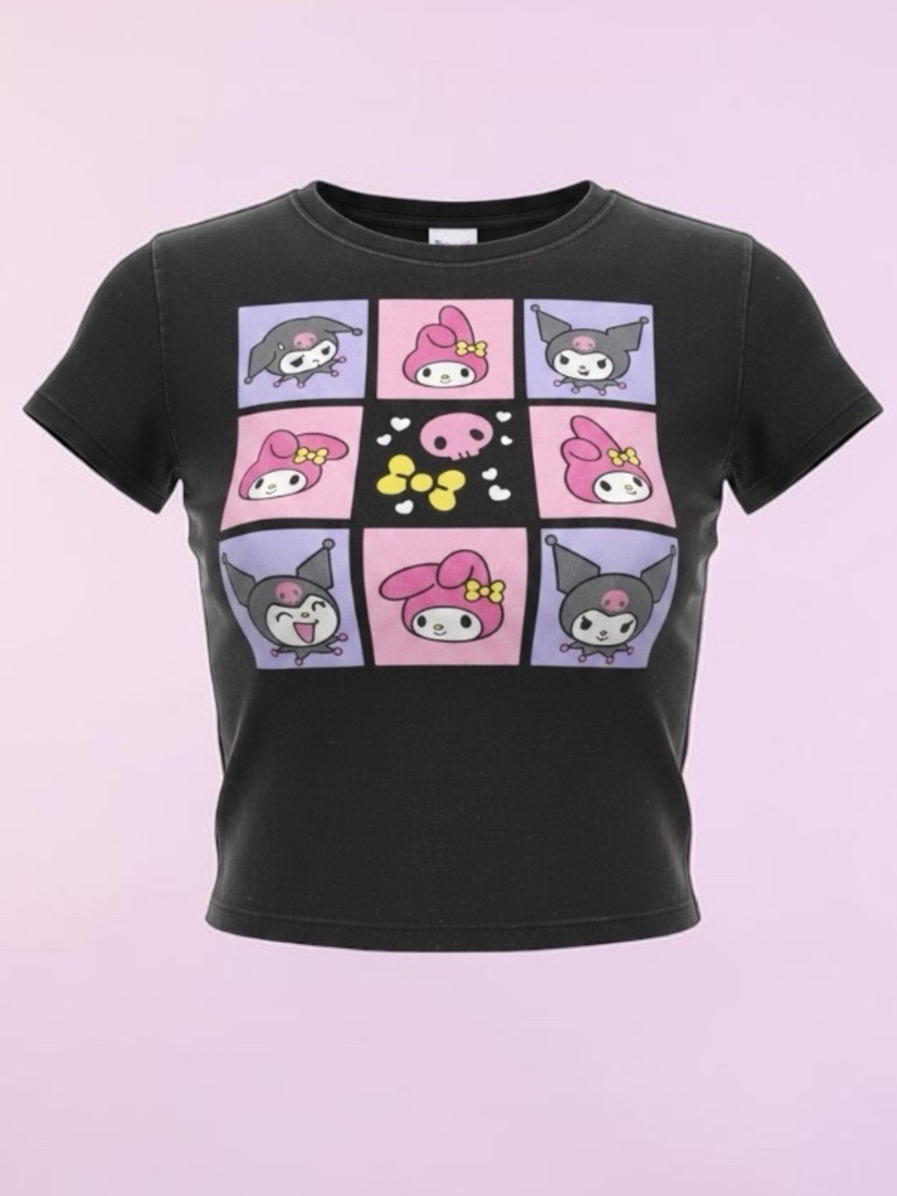 SANRIO MY MELODY X KUROMI Cropped Tee Character Grid Graphic BLK PNK PUR SZ SM